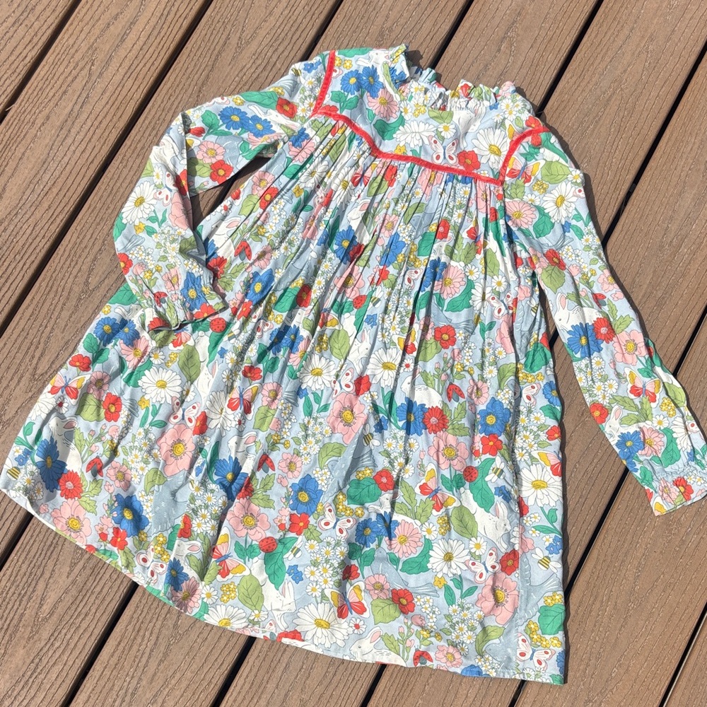 Mini Boden Floral Long-Sleeve Dress in Blue, Red, Pink, Green, White